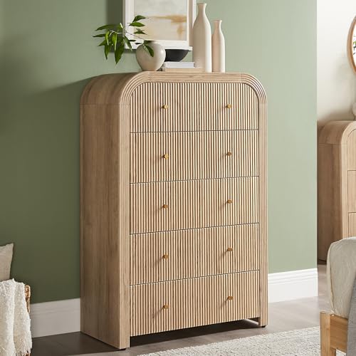 T4TREAM Fluted Dresser with 5 Drawers, 48" Tall Modern Chest of Drawers with Thickened Curved Profile Design, Wood Closet Clothes Storage Organizer for Bedroom, Living Room, Hallway, Natural Oak - color: Natural Oak, size: 15.7"D x 31.5"W x 47.6"H (5 Draw