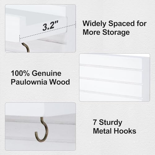 Lwenki Decorative Key Holder for Wall with Shelf, Entryway Shelf with Hooks Holds Leashes, Jackets and Glasses – Sturdy Wood Keyholder Entrance Hanger with Mounting Hardware (White, Large) - color: White, size: Large