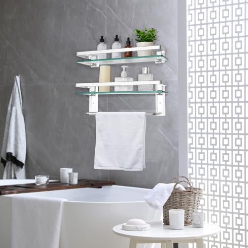 Suzile Set of 2 Glass Bathroom Shelves with Bar, Wall Mounted 15.7 x 4.7 Inches, Bathroom Shelves Hanging Modern Floating Shelf Metal Stick Room Rustproof Organizer Decorative(Silver) - color: As Shown in Picture