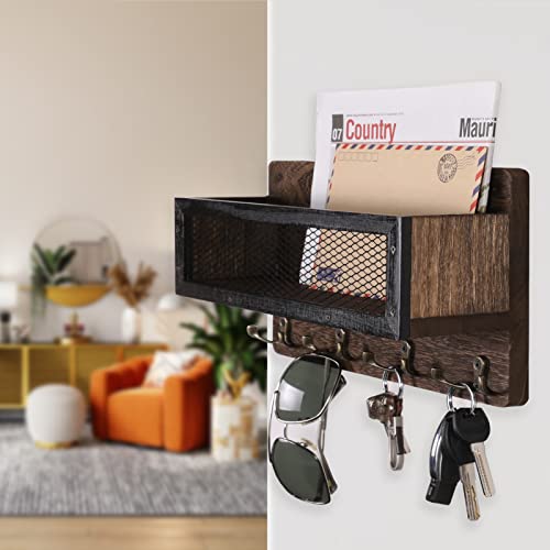 ADIIL Mail and Key Holder for Wall Decorative, Wooden Wall Mount Key Rack Hanger Organizer with 4 Double Key Hooks, Rustic Home Decor for Entryway Hallway, Brown - color: Brown
