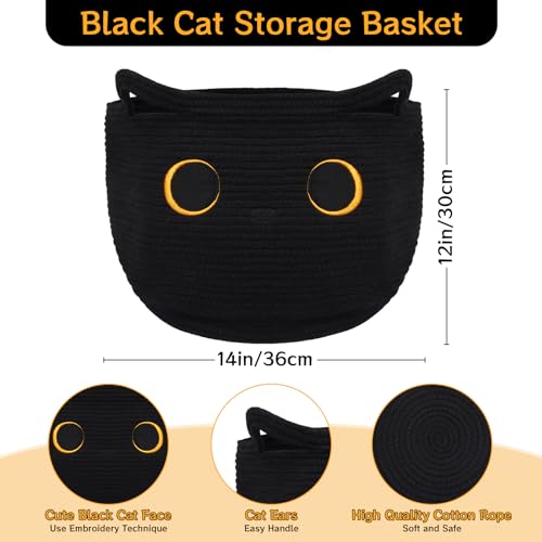 Cute Black Cat Round Basket - Cotton Rope Baskets Large Baby Laundry Blasket for Nursery, Woven Blanket Basket Hamper With Handle Toy Storage Basket for Gifts, Baby Shower 14 ×12 inchs 30.5L - color: Black, size: 14 × 12 inches