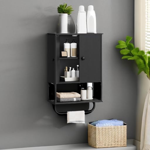 MAHANCRIS Bathroom Wall Cabinet with 2 Door and Adjustable Shelf, Farmhouse Medicine Cabinet with Towel Rack, 3-Tier Wall Mounted Storage Cabinet Over The Toilet for Bathroom Laundry Room, Black - color: Black, size: 15"L x 7.9"W x 26.1"H