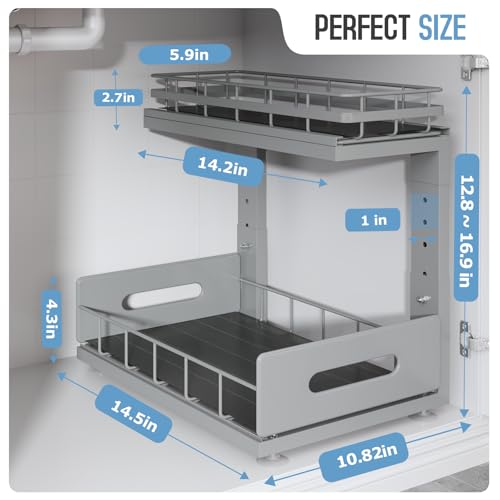 Under Sink Organizer Upgrade To Professional Rails,2-Tier Dual Pull Out Cabinet Storage,Height Adjustable Slide Out Drawers For Bathroom Kitchen,2 Pack-14.5"Dx12.8"-16.9"H,Gun Gray - color: Gun Gray, size: 2 Pack-14.5"Dx12.8"-16.9"H
