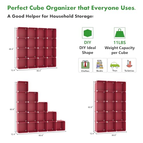 C&AHOME Cube Storage Organizer, 16-Cube Shelves Units, Plastic Storage Cubes, DIY Closet Organizer, Modular Closet Storage Shelves Ideal for Home, Bedroom, 48.4" L × 12.4" W × 48.4" H Red UPCS16R - color: Red