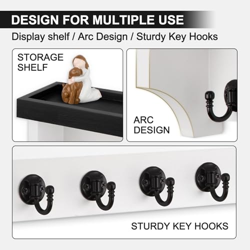 Key and Mail Holder Wall Mount, Key Holder with Shelf and Mail Organizer Wall Mount. Mail Holder with 5 Hooks for Coat, Dog Leash, Home Decor Rack, Entry Way Organizer (Black & White) - color: Black & White