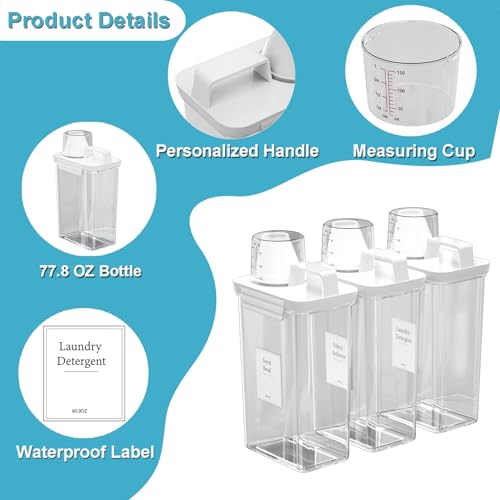 77.8OZ Laundry Detergent Dispenser Container, 3 Pack Liquid Laundry Dispenser, Plastic Detergent Dispenser for Laundry Room/Powder/Fabric Softener with 6 Labels, Clear - color: 3Pack 77.8OZ NO Tray