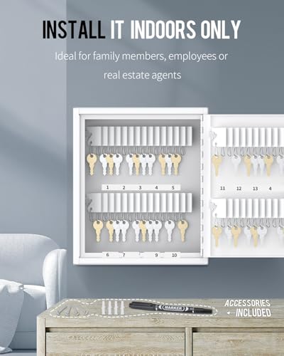 Uniclife 60 Position Slotted Key Cabinet with Combination Lock Resettable White Digital Security Storage Box Steel Key Organizer with Slotted Racks White Key Tag Labels and Permanent Pen - color: White, size: 60 Keys