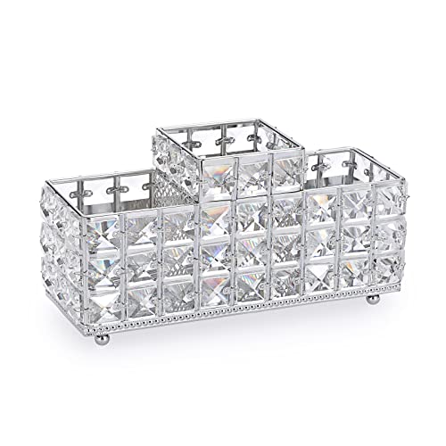 Hipiwe Crystal Remote Control Holder Bling Makeup Brush Holder Organizer Desktop Cosmetics Brushes Storage Cup Pen Pencil Storage Pot Cup for Dresser Bathroom Office, 3 Slot - style: 3-Slot, Silver