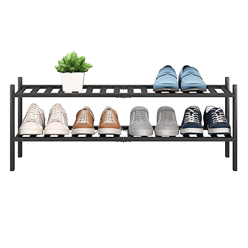 BMOSU 2-Tier Bamboo Extended Shoe Rack Premium Stackable Shoe Shelf Storage Organizer for Hallway Closet Living Room Entryway Organizer (Black Bamboo) - color: Black Bamboo, size: 2-Tier Long（33.3*11*12.6inches）
