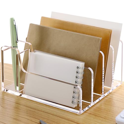 SANRUI Acrylic Mail Organizer, 5 Compartments File Holder for Desk,Letter Sorter with Pen Holder,Desk Organizers and Accessories,Clear Cute Mail Sorter - style: 4 Sections with Pen Holder