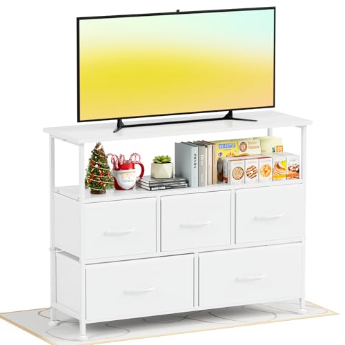 Simple Deluxe TV Stand Dresser for Bedroom Entertainment Center with 5 Fabric Drawers, Storage Organizers Units for Living Room, Media Console Table with Open Shelf up for 45" TV, White, Wood top - color: White, size: 39.3"D x 11.8"W x 31.8"H (5 Drawers)