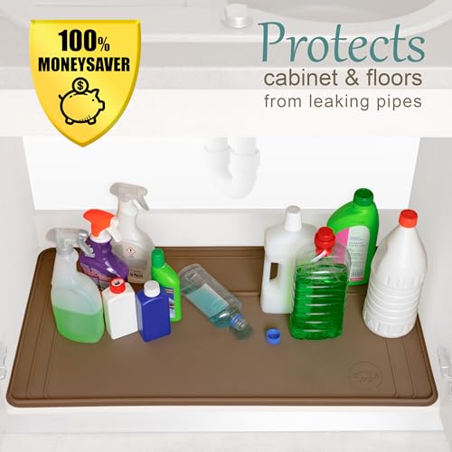 The Original Under Sink Mat - Silicone Waterproof mat, Adjustable, Easy to Clean, Kitchen cabinet liner, Disifenction Surface - 31" x 22" or smaller (Brown, 31" x 22") - color: Brown, size: 31" x 22"