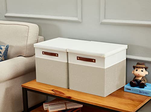 DECOMOMO Storage Basket with Lid, Storage Cubes with Handles, Fabric Box with Lid (Beige and White, 11” / 3 Pack) - color: Beige and White, size: Cube 11"