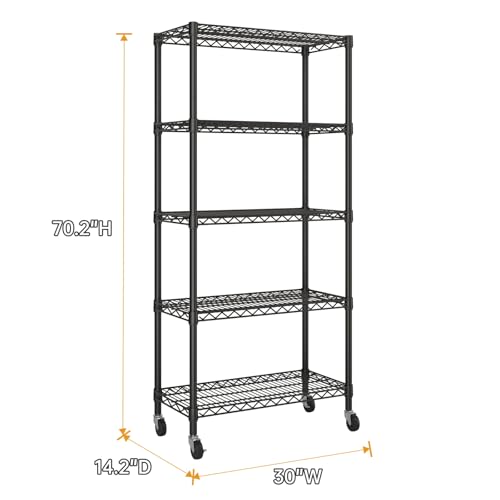 Golpart 5 Tier Shelves Storage Shelf Wire Closet Bathroom Organizers Metal Pantry Kitchen Garage Shelving Unit Laundry Room Organization Home Rack Net Basket Black with Wheels 14”D X 30”W X 70”H - color: Black, size: 5 shelves (14 "D X 30 "W X 70.2 "H)