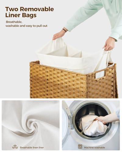 Greenstell Laundry Hamper with Wheels&Lid, 130L Large 3 Sections Clothes Hamper with 2 Types Removable Liner Bags, 5 Mesh Laundry Bags, Handwoven Divided Laundry Basket for Clothes, Natural - color: Natural, size: 130L: 25.6x13.0x25.7 Inches
