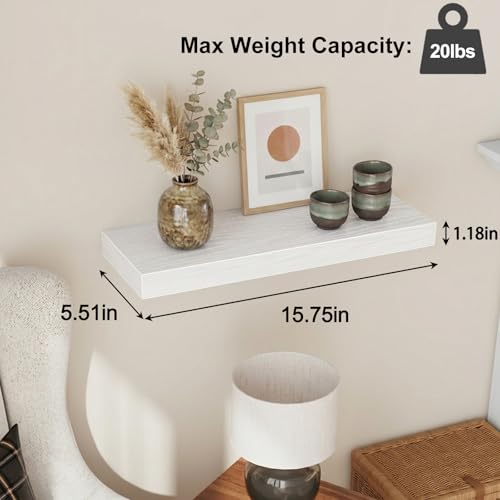 Fixwal White Shelves for Wall, 15.8in Rustic Wood Finish Floating Wall Shelves Set of 4, Shelves for Wall Decor, with Invisible Brackets for Bathroom, Living Room,Bedroom and Kitchen - color: White