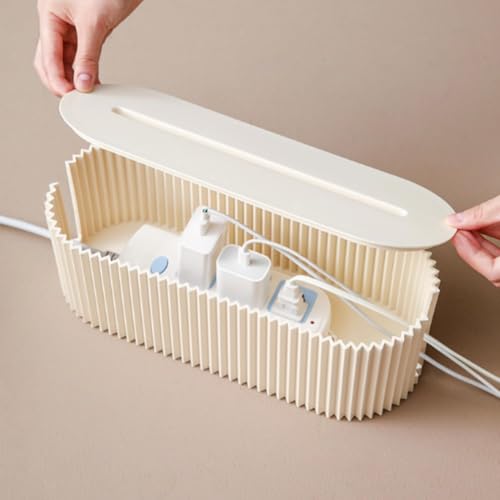 Cable Management Box,Desk Cord Organizer Box with Groove Cover,Plastic Cord Hider Box,Large Cable Box Organizer for Storaging Power Socket/TV/Computer/Router/Games Console Cable (White) - color: White
