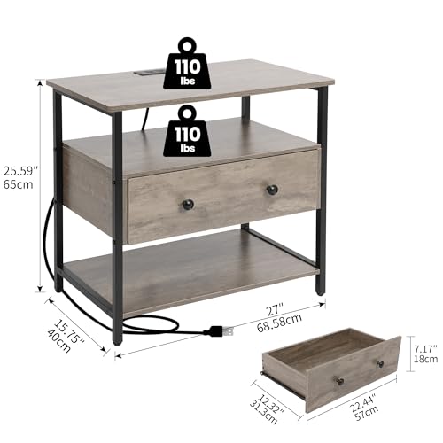 Edbuosy 27 Inch Wide Night Stand with Charging Station, Wood Nightstand with Open Shelf, Large Drawer Bedside Table for Living Room/Bedroom/Office (Rustic Gray) - color: Rustic Gray, size: 1 Drawer