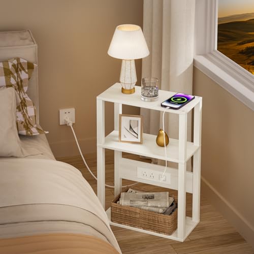 YUFAM 3-Tier Small Narrow Wood Side Table with Charging Station, Skinny Nightstand for Small Space, Slim Bedside Table with Storage for Couch, Thin End Table with USB Ports and Outlets, Grey White - color: Grey White, size: 1 Pack