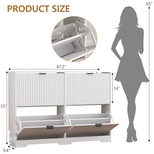Shoe Cabinet Storage for Entryway with 4 Flip Drawers, White Fluted Shoe Cabinet with Adjustable Shelves, Wooden Hidden Shoes Rack Freestanding Narrow Slim Shoes Storage for Hallway, Entrance - color: White, size: 4 Drawer without Bench