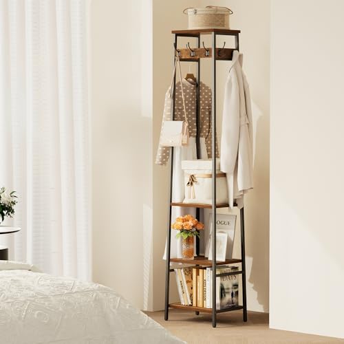 Coat Rack Freestanding, Coat Stand with 3 Shelves and 7 Hooks, Hall Tree Free Standing, Clothes Rack Stand Organizer, Industrial Style, Rustic Brown and Black - color: Rustic Brown and Black, style: 3 Shelves