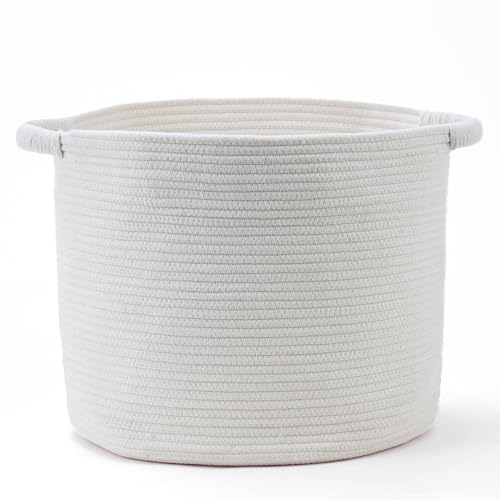 Blanket Basket - Woven Round Rope Storage Basket (16" Wx14 H) for Blankets & Throws, Small Laundry & Toy Organizer, Decorative Living Room & Bedroom Cotton Basket - All White - color: All White, size: Regular-16"Wx14"H