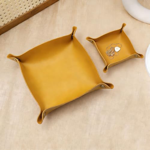 2 Size PU Leather Valet Trays,Square Desk Organizer Catchall Tray Set,Folding Travel Organizer,Jewelry Key Cosmetic Storage Tray for Entryway Dresser Desktop(Yellow) - color: Yellow