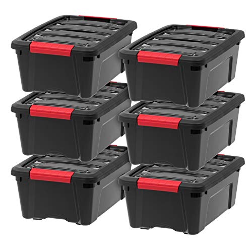 IRIS USA 13 QT Plastic Storage Box with Lid and Latches - 6 Pack - BPA-Free, Garage Organizing Solution, Durable Nestable Stackable Containers, Secure Pull Handle - Black - size: 13 Qt, style: 6 Pack