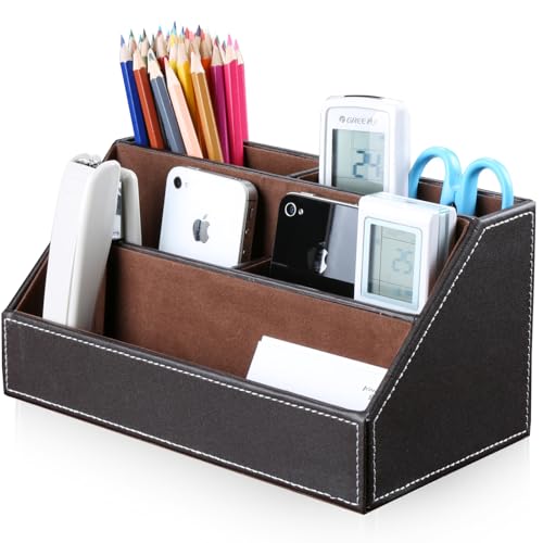 KINGFOM Pu Leather Desk Organizer with 5 Compartments Holder, Multi-Functional Office Supplies Storage Caddy for Pen/Pencil, Phones, Remote Controller and Desktop Accessorie Brown - color: Brown