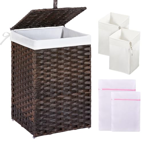Greenstell Laundry Hamper with Lid, 60L Clothes Hamper with 2 Removable Liner Bags & 2 Mesh Laundry Bags, Handwoven Synthetic Rattan Laundry Basket for Clothes, Toys in Bathroom, Bedroom Brown - color: Brown, size: 60L (13.4 x 13.4 x 21.7 inches)