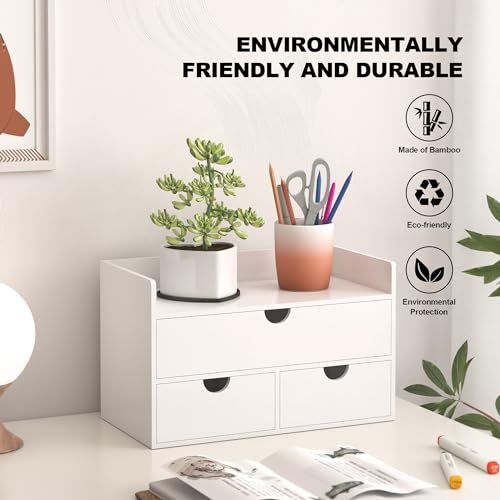 Bamboo Desk Organizer with Drawers Desktop Storage Drawers for Bills Office Supplies Kitchen Utensils Organizing Tool for Home Classroom Organization No Assembly (White with Shelf) - color: White with Shelf
