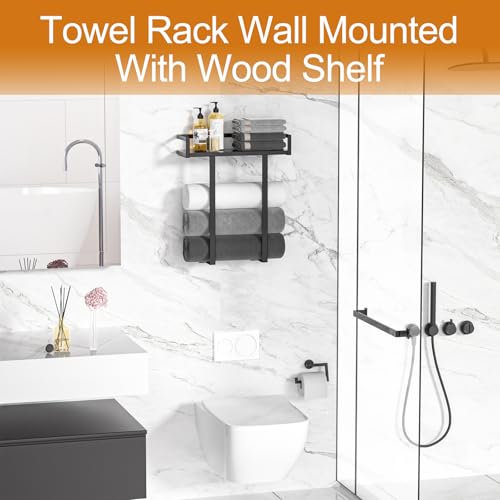 Towel Racks for Bathroom Wall Mounted, Xstydes Metal Towel Holder with Wooden Shelf for Folding Large Towels, Towel Storage for Small Bathroom Organizer Decor or RV Camping, Black - color: Black, size: Small