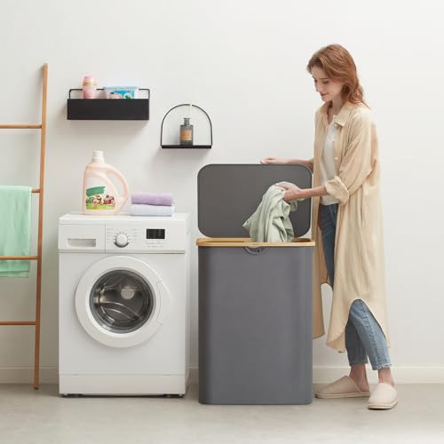 Lifewit 150L Laundry Basket with Lid, Clothes Hampers for Laundry with Bamboo Handles and 2 Removable Bags, Large Foldable Laundry Hamper for Bedroom, Bathroom, Dorm, Grey - color: Gray, size: 150L