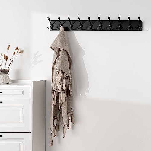 SKOLOO Coat Rack Wall Mounted - 38.3'' Long, Wooden, Heavy Duty, Rustic Coat Hooks for Wall, 16'' Hole to Hole, Wall Coat Rack with 10 Triple Hooks for Hanging Clothes, Jacket, Hat(Black) - color: Black Plate & Black Hook, size: 1 Item-10 Hooks
