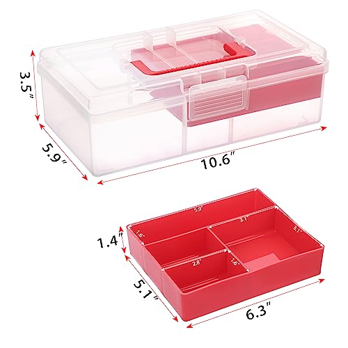JUXYES Plastic Fishing Tackle Box Organizer with Removable Dividers, Clear Fishing Tackle Storage Boxes with Handle, 2 Layer Fishing Tackle Tray Box Lure Box, Red - color: Red
