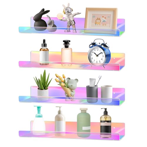 Dezzer 4 Pack Acrylic Shelves for Wall, 15" Acrylic Floating Shelves for Bathroom Bedroom, Invisible Bookshelf Wall Ledge Storage Shelf Books Perfume Toys Action Figure Display Shelves, Iridescent - style: 15 inch 4-pack Rainbow