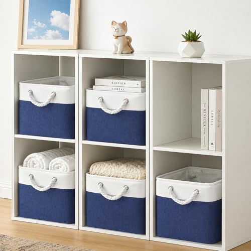 Cube Storage Bins, Collapsible Fabric Storage Cubes Bins, 11 Inch Cube Storage Bins with Handles, Foldable Storage Cubes (White/Navy, 6Pack) - color: white navy