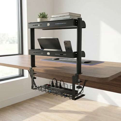 Clamp On Desk Shelf, 17'' 2-Tier Desktop Organizer Shelf with Under-Desk Hidden Storage Basket, Heavy-Duty Desk Shelves for Top of Desk, Space-Saving Desk Storage for Home Office Gaming Setup (Black)