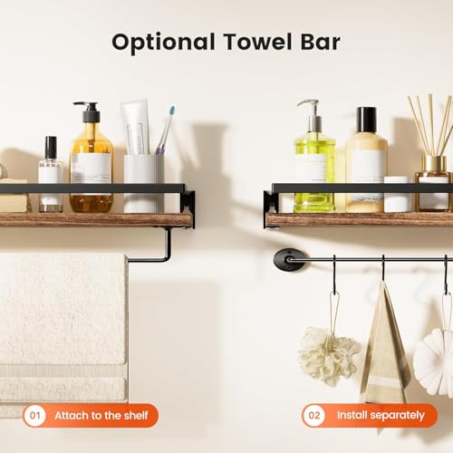AMADA HOMEFURNISHING Bathroom Shelves with Towel Bar, Floating Shelves, Wall Shelves for Bathroom/Living Room/Kitchen/Bedroom, Rustic Brown, Set of 2 - AMFS01BN - color: Rustic Brown