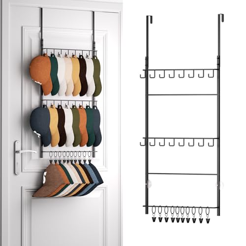 HapiRm Over Door Hat Rack - 3 Tier Wall Mounted Hat Organizer with 16 Hooks and 10 Movable Clips, Baseball Cap Organizer Storage Holds up to 26 Caps for Door, Bedroom, Closet USPTO Patent Pending - color: Black, size: 3 Tier