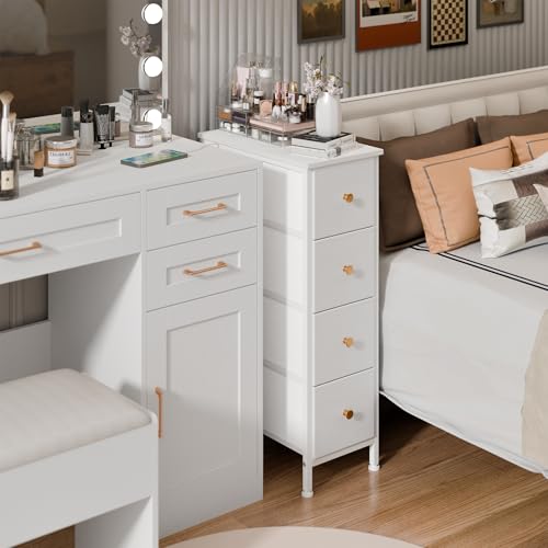 Fixwal Narrow Storage Cabinet, Narrow Nightstand Dresser with 4 Drawers, Slim Fabric Dresser Storage Tower for Small Spaces, White Dresser, for Bedroom, Bathroom, Laundry, Closet - color: White