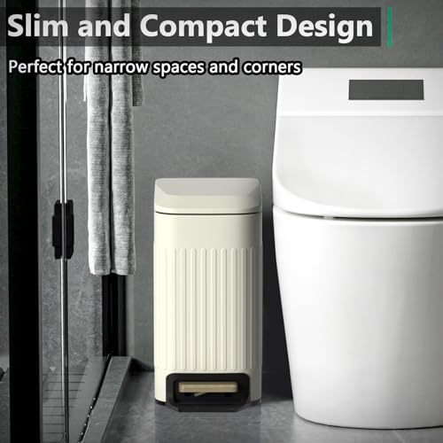 Small Bathroom Trash Can with Lid Soft Close-6L/1.6 Gal Slim Step Garbage Can-Metal Pedal Wastebasket-Narrow Rectangle Garbage Container Bin for Corner Office, Bedroom, Toilet, Live Room-Beige - color: Embossed-Beige