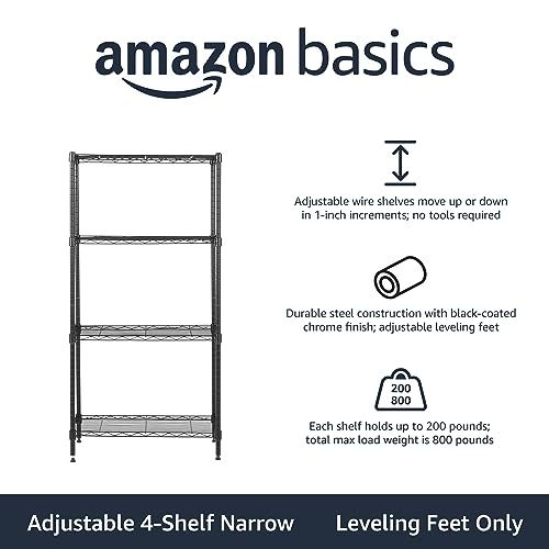 Amazon Basics 4-Shelf Steel Wire Storage Shelves for Garage, Adjustable Metal Shelving Unit, 200 lbs Per Shelf, 23.2" W x 48" H x 13.4" D, Black | Sturdy, Adjustable, Easy Assembly, Storage