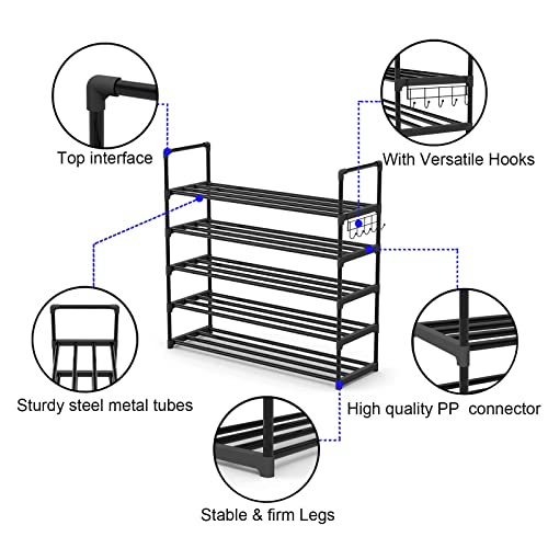 Hsscblet 5 Tiers Metal Shoe Rack,Adjustable Shoe Shelf Storage Organizer with Hooks,Stackable Boot & Shoe Storage,for Entryway,Hallway,Closet,Black - size: 5-Tier