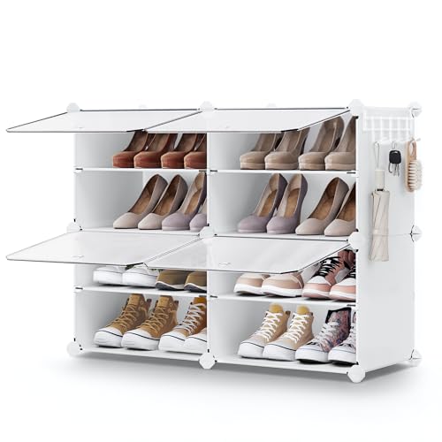 SONGMICS Shoe Rack Organizer, 4-Tier Shoe Storage Cabinet for Closet and Entryway, Holds 16 Pairs of Shoes, Adjustable, Cloud White and Trasparent ULPC032W01 - color: Cloud White + Trasparent, size: 4 Cubes