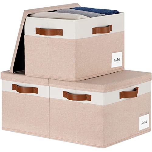 Extra Large Storage Bins with Lids, Foldable Fabric Storage Baskets with Lids, Sturdy Storage Boxes with Labels and 3 PU Handles for Closet Home Bedroom Office (32L, 3 Packs, Pink&White) - color: Pink with White, size: Extra Large-3pcs