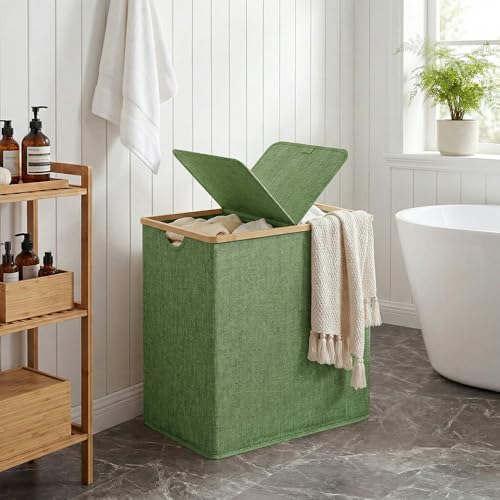 efluky Laundry Hamper with Lid, Double Laundry Hamper with 2 Removable Bags, 2 Section Laundry Basket with Bamboo Handles for Bathroom, Bedroom & Laundry Room,140L Green - color: Green, size: 140L Dual