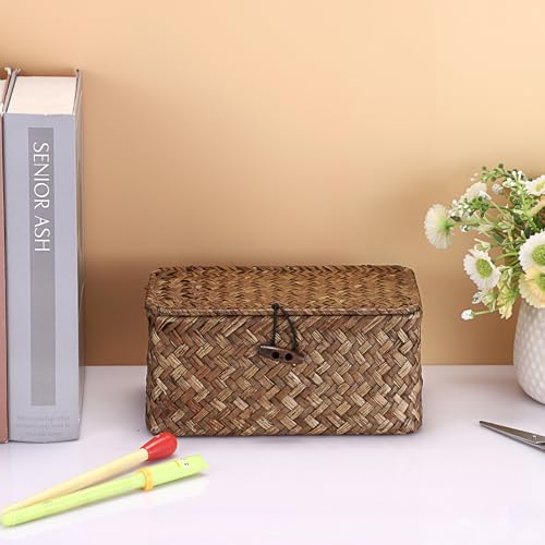 Hipiwe Handwoven Wicker Basket with Lid Desk Organizer for Remote Control Key Glass Coffee Color Seagrass Box for Decoration, 7.0"L x 4.3"W x 3.3"H - color: Coffee color, size: 7.0" x 4.3" x 3.3"
