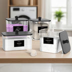 COAZEX 3+1 Pack Clear Laundry Pods Container & Dryer Sheet Holder, Plastic Square Laundry Room Organization and Storage Jars with Black Lids, Scoops & Labels for Detergent, Powder, Dryer Balls - color: 3+1 Pack