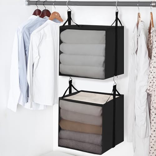 STORAGE MANIAC 2-Shelf Hanging Closet Organizer, Cloth Hanging Closet Shelf, Hanging Closets Baskets with Hooks for Dorm, Apt, Bedroom, College, Garment Rack, Wardrobe, Fabric with Mesh, Black - style: Black